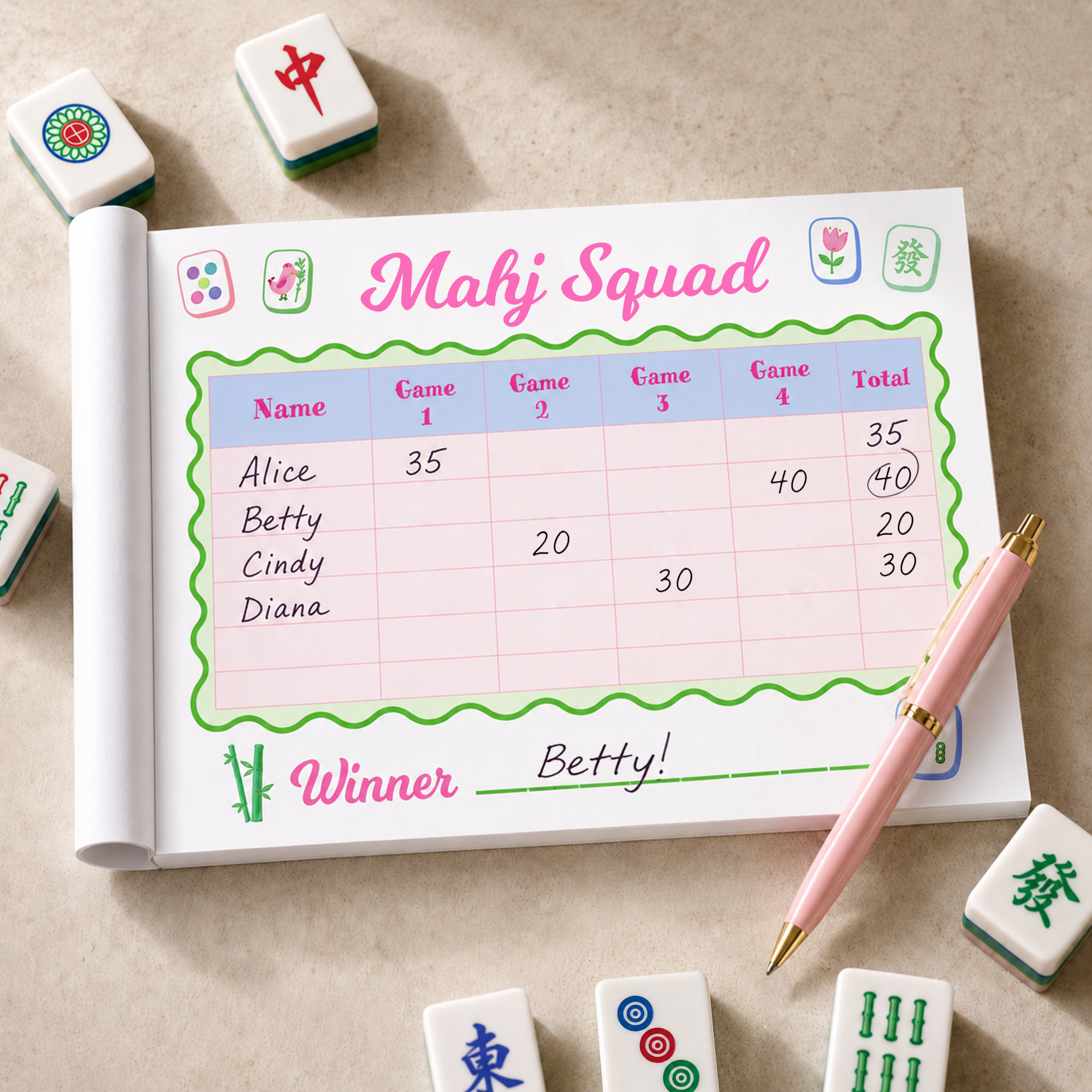 Personalisierter Notizblock im Aquarellstil mit Bambus-Mahjong-Motiv und Text – Mahjong-Spielabend – Geburtstagsgeschenk für Mahjong-Fans