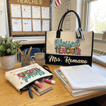 Borsa tote grande personalizzata con disegno di girasole e scritta “Blessed Teacher”, trousse da viaggio con testo, regalo di compleanno o per la Festa degli Insegnanti per insegnanti donne