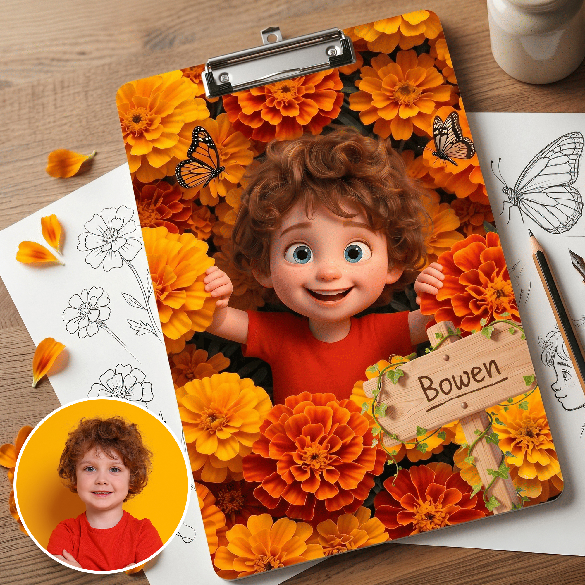 Personalisiertes Cartoon-Fotoklappbrett mit Geburtsblume für Kinder, mit flachem Clip und Namensbeschriftung – für den täglichen Gebrauch, als Geschenk zum Schulanfang oder zum Geburtstag für Kinder u
