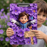 Personalized Birth Flower Cartoon Kid Photo Hanging Clipboard with Low Profile Clip and Name Daily Use Back to School Birthday Gift for Kids Students