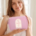 Personalised Multicolour Birth Flower Stripe Makeup Bag with Name and Initial Daily Travel Wedding Party Birthday Gift for Woman Bridesmaid Friend