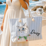 Personalised Watercolour Pet Photo Stripe Beach Tote Bag with Name Beach Holiday Swimming Pool Party Birthday Gift for Pet Owner Lover