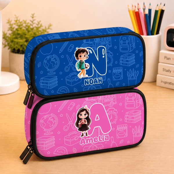Personalized Cartoon School Kid Initial Large Capacity Multi-Compartment Pencil Case with Name Essential Stationery Back to School Gift for Students