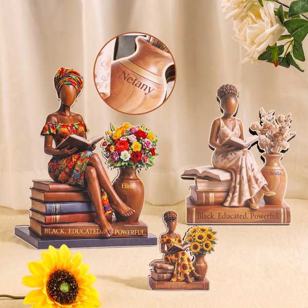 Adorno de madera personalizado con motivo floral de una mujer afroamericana leyendo, con nombre; regalo de cumpleaños para el Mes de la Historia Negra, ideal para mujeres negras amantes de la lectura