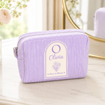 Personalised Multicolour Birth Flower Stripe Makeup Bag with Name and Initial Daily Travel Wedding Party Birthday Gift for Woman Bridesmaid Friend
