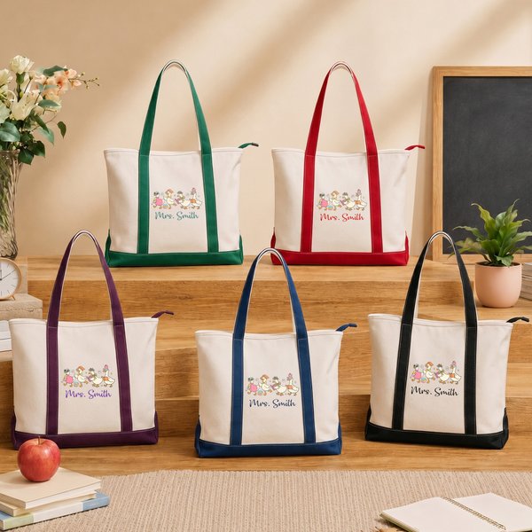 Personalized Cute Teacher Goose Large Canvas Tote Bag with Title & Surname Daily Use Back to School Gift for Teacher Family