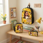 Personalised Birth Flower Photo Backpack Pencil Case Lunch Bag Set with Name Back To School Birthday Gift for Kids Boys Girls