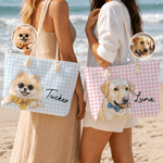 Personalised Watercolour Pet Photo Stripe Beach Tote Bag with Name Beach Holiday Swimming Pool Party Birthday Gift for Pet Owner Lover