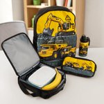 Personalized Yellow Excavator Truck Water Bottle Backpack Lunch Bag Pencil Case Set with Name Back to School Birthday Gift for Boys Students