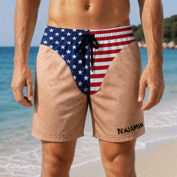 Personalized Humorous Stars and Stripes Men's Brief Design Quick Dry Swim Trunks with Drawstring Independence Day Holiday Birthday Gift for Men