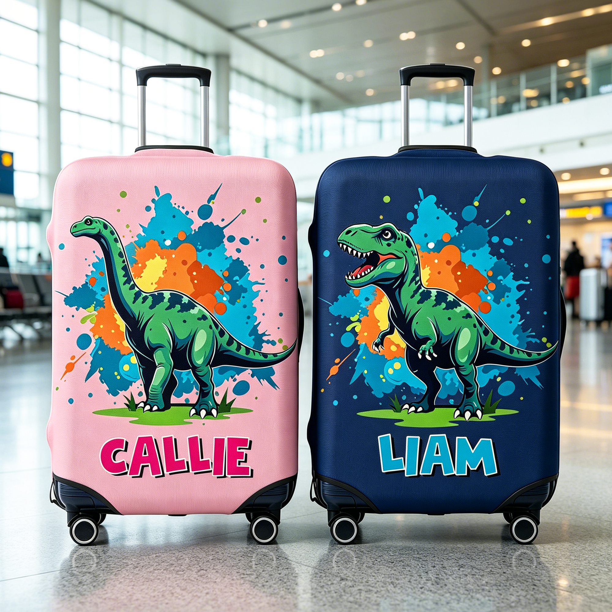 Personalisierte Kofferhülle mit Dinosaurier- und Farbspritzer-Motiv, passend für Koffer von 18 bis 32 Zoll, mit Namenszug – unverzichtbar für Reisen, ideal als Geburtstagsgeschenk für Kinder