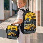 Personalized Yellow Excavator Truck Water Bottle Backpack Lunch Bag Pencil Case Set with Name Back to School Birthday Gift for Boys Students