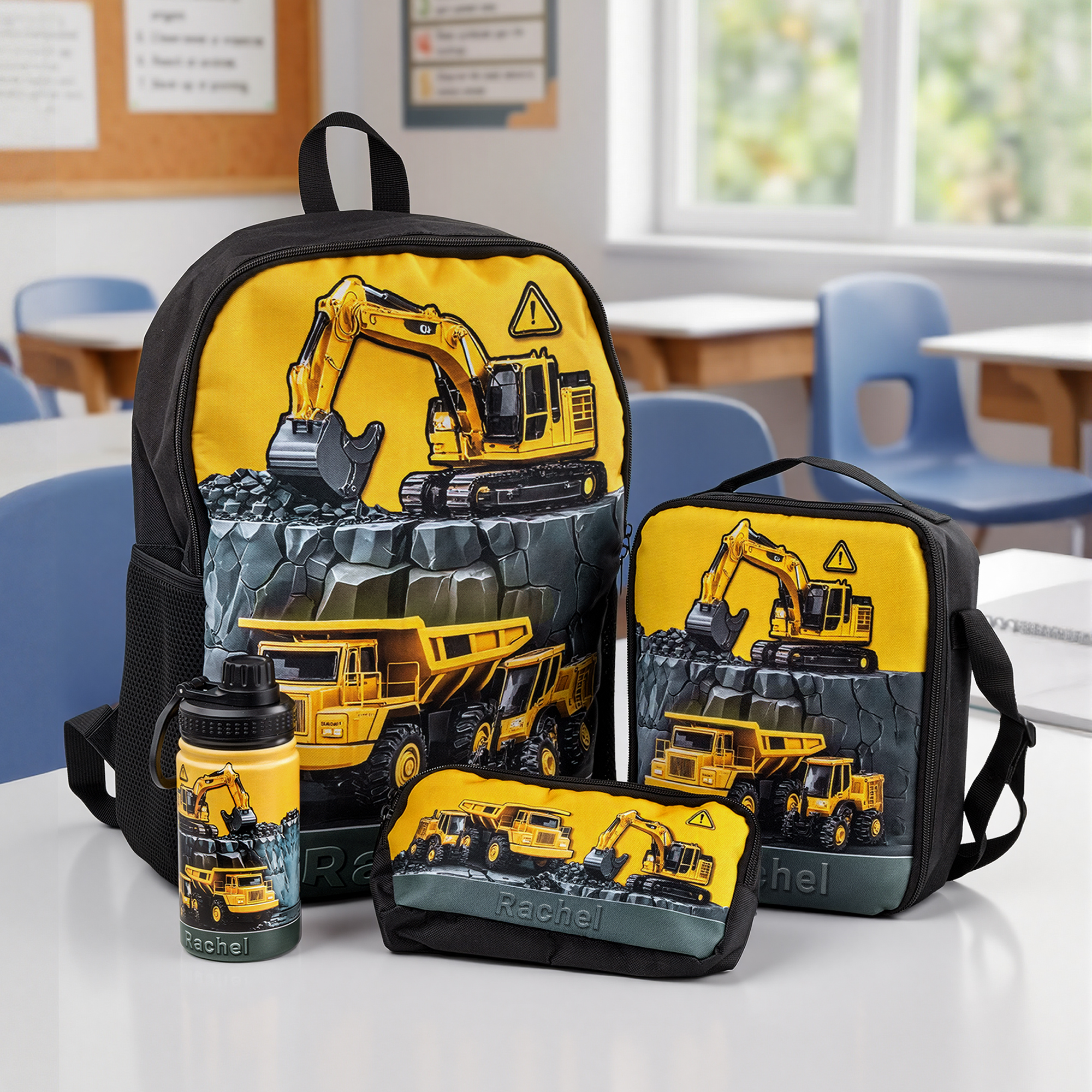 Personalisiertes Set aus Wasserflasche, Rucksack, Brotdose und Federmäppchen mit gelbem Bagger-Motiv und Namensaufdruck – Schulanfangs- und Geburtstagsgeschenk für Jungen und Schüler