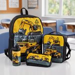 Personalized Yellow Excavator Truck Water Bottle Backpack Lunch Bag Pencil Case Set with Name Back to School Birthday Gift for Boys Students