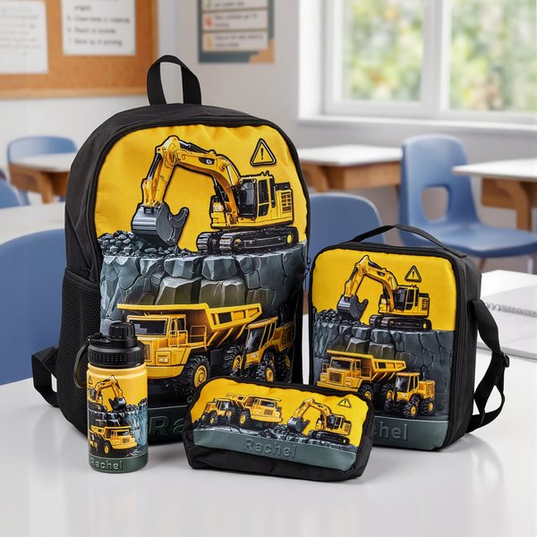 Personalized Yellow Excavator Truck Water Bottle Backpack Lunch Bag Pencil Case Set with Name Back to School Birthday Gift for Boys Students