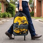 Personalized Yellow Excavator Truck Water Bottle Backpack Lunch Bag Pencil Case Set with Name Back to School Birthday Gift for Boys Students