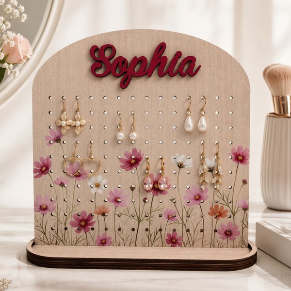 Personalized Birth Flower Wooden Jewellery Stand Earring Holder Organizer with Name and Base Birthday   Anniversary Gift for Women Sisters