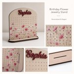Personalized Birth Flower Wooden Jewellery Stand Earring Holder Organizer with Name and Base Birthday   Anniversary Gift for Women Sisters