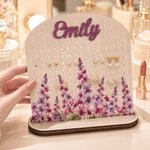 Personalized Birth Flower Wooden Jewellery Stand Earring Holder Organizer with Name and Base Birthday   Anniversary Gift for Women Sisters