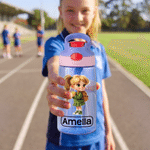 Personalized Cartoon Kid Character 16 oz Water Bottle with Name Silicone Straw and Carry Handle Back to school Birthday Gift for Boys Girls