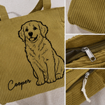 Personalised Line Drawing Pet Photo Large Capacity Corduroy Tote Bag with Name Daily Use Pet Party Birthday Gift for Pet Lovers Owners