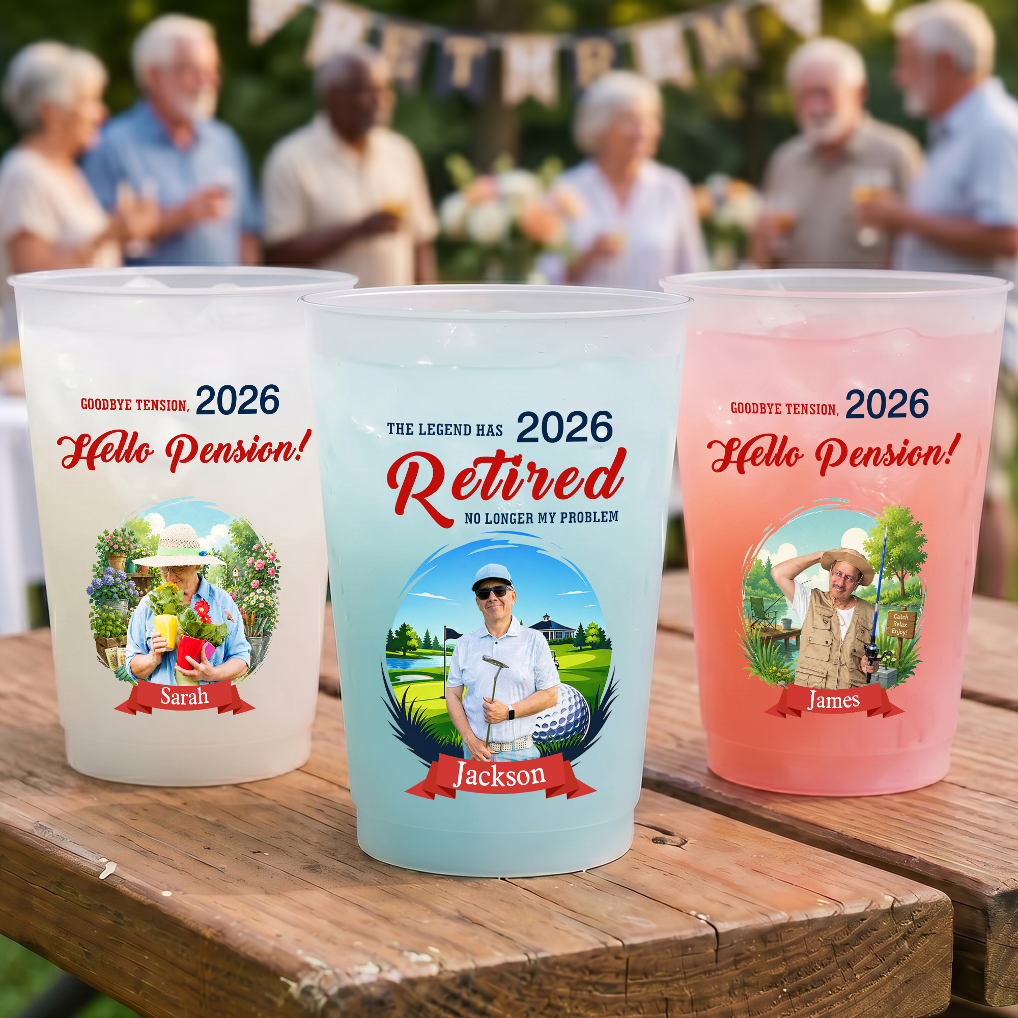 Personalized Summer Vacation Style Disposable Frosted Set of 10 Plastic Cups with Name Photo and Year Retirement Party Gifts for Retirees Coworkers