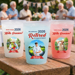 Personalised Summer Vacation Style Disposable Frosted Set of 10 Plastic Cups with Name Photo and Year Retirement Party Gifts for Retirees Coworkers