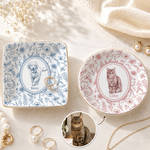 Personalized Toile De Jouy Style Pet Portrait Round Square Jewellery Dish with Name Daily Use Home Decor Birthday Gift for Pet Owner Family