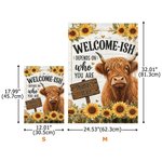 Personalized Welcome-Ish My Place Highland Cow Sunflower Garden Flag Outdoor Yard Decor Housewarming Gift for Highland Cow Lovers