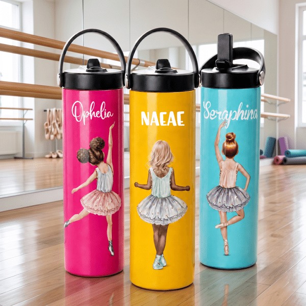 Personalised Cartoon Ballet Girl 20 oz Insulated Water Bottle with Name and Handle Birthday Back to School Gift for Friends Ballet Lovers Kids