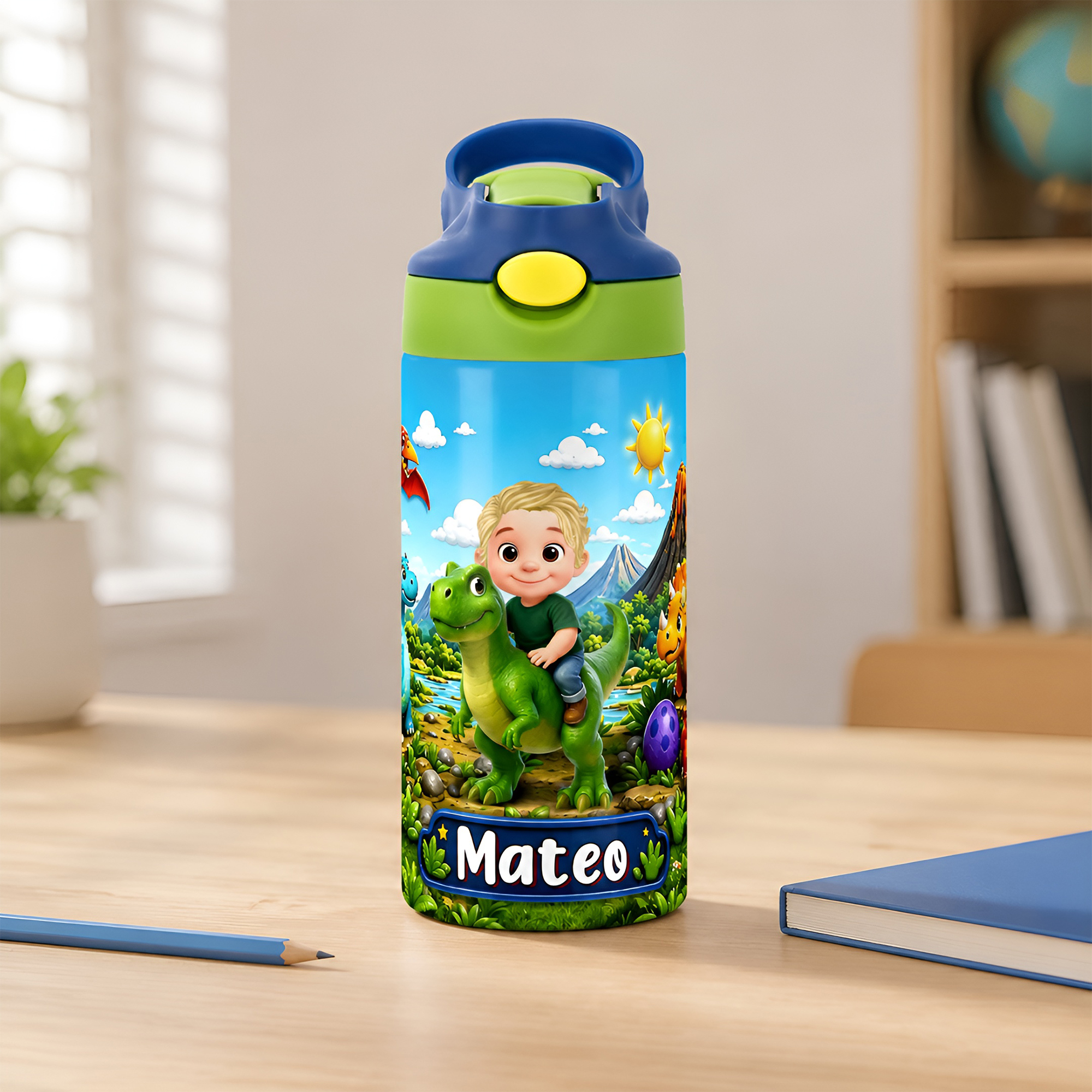 Personalisierte 12-oz-Kinder-Trinkflasche mit Dinosaurier-Cartoon-Figur, Namen und Henkel – als Geschenk zum Geburtstag, für den täglichen Gebrauch oder zum Schulanfang für Jungen und Mädchen