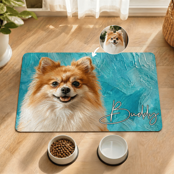 Personalised Oil Painting Style Pet Photo Food Mat with Name Home Decor Pet Supplies Birthday Gift for Pet Owners