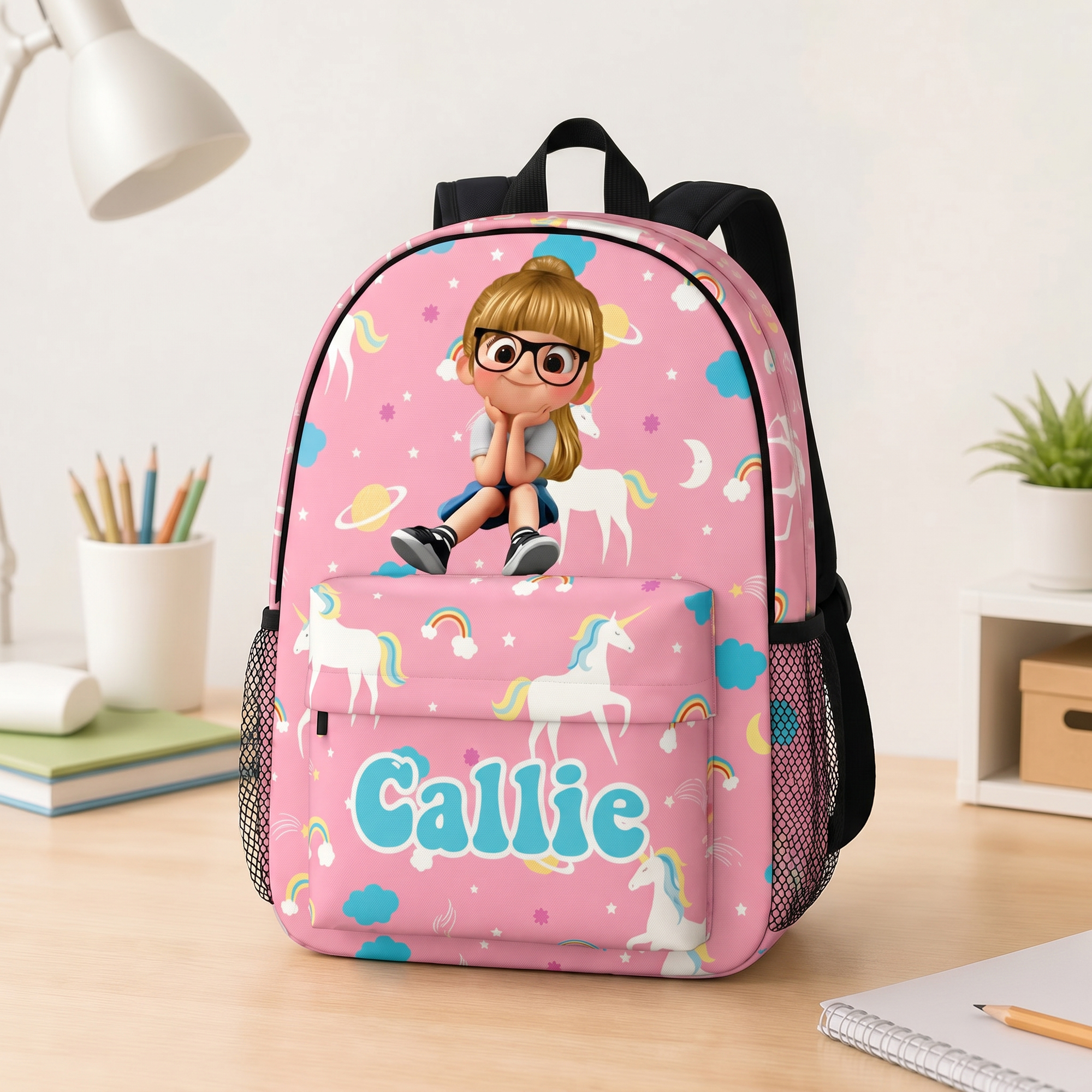 Individuell gestalteter Rucksack mit Cartoon-Figuren, Einhorn und Dinosaurier sowie Namenszug – für den täglichen Gebrauch, zum Schulanfang oder als Geburtstagsgeschenk für Mädchen, Jungen und Kinder