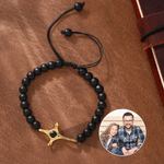 Personalised Micro-Carved Photo Projection Beaded Bracelet with Cross Pendant Anniversary Birthday Gift Father Boy Man