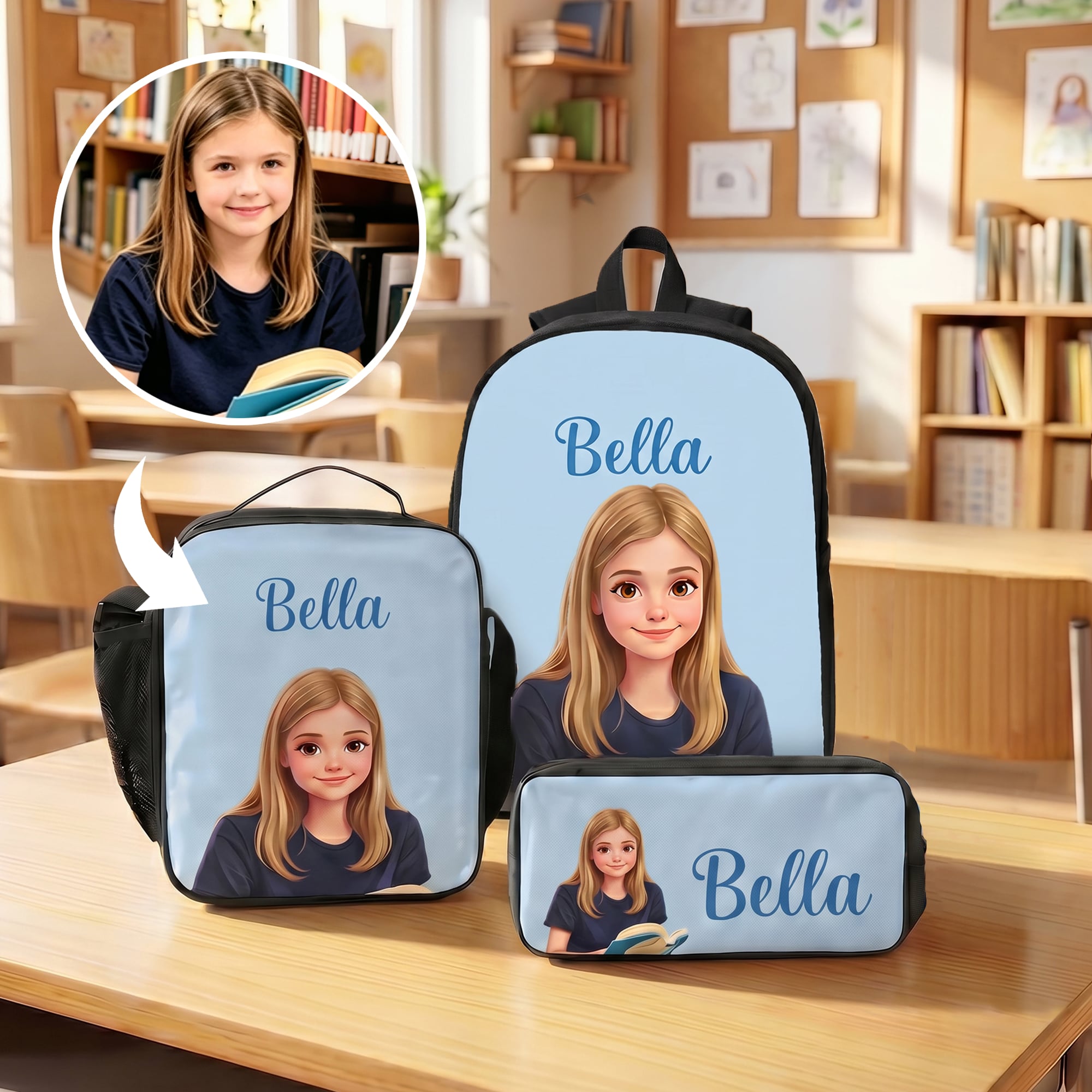 Individuell gestalteter, farbenfroher Rucksack mit Comic-Figuren, Lunch-Tasche und Federmäppchen mit Namensaufdruck – 3er-Set als Geschenk zum Schulanfang oder Geburtstag für Jungen und Mädchen
