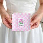 Personalised Cute Birth Flower Stripes Checkerboard Ceramic Trinket Jewellery Dish with Name Birthday Gift for Best Friend Woman