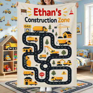 Personalised Construction Zone Lorry Design Soft Throw Blanket with Name Playroom Decor Birthday Baby Shower Gift for Kids