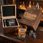 Personalized American Classic Style Whisky Glass 4 Stones Wooden Box Set with Engraved Year Birthday Anniversary Gift for Men