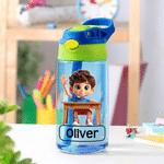 Personalized Cartoon Kid Character 16 oz Water Bottle with Name Silicone Straw and Carry Handle Back to school Birthday Gift for Boys Girls