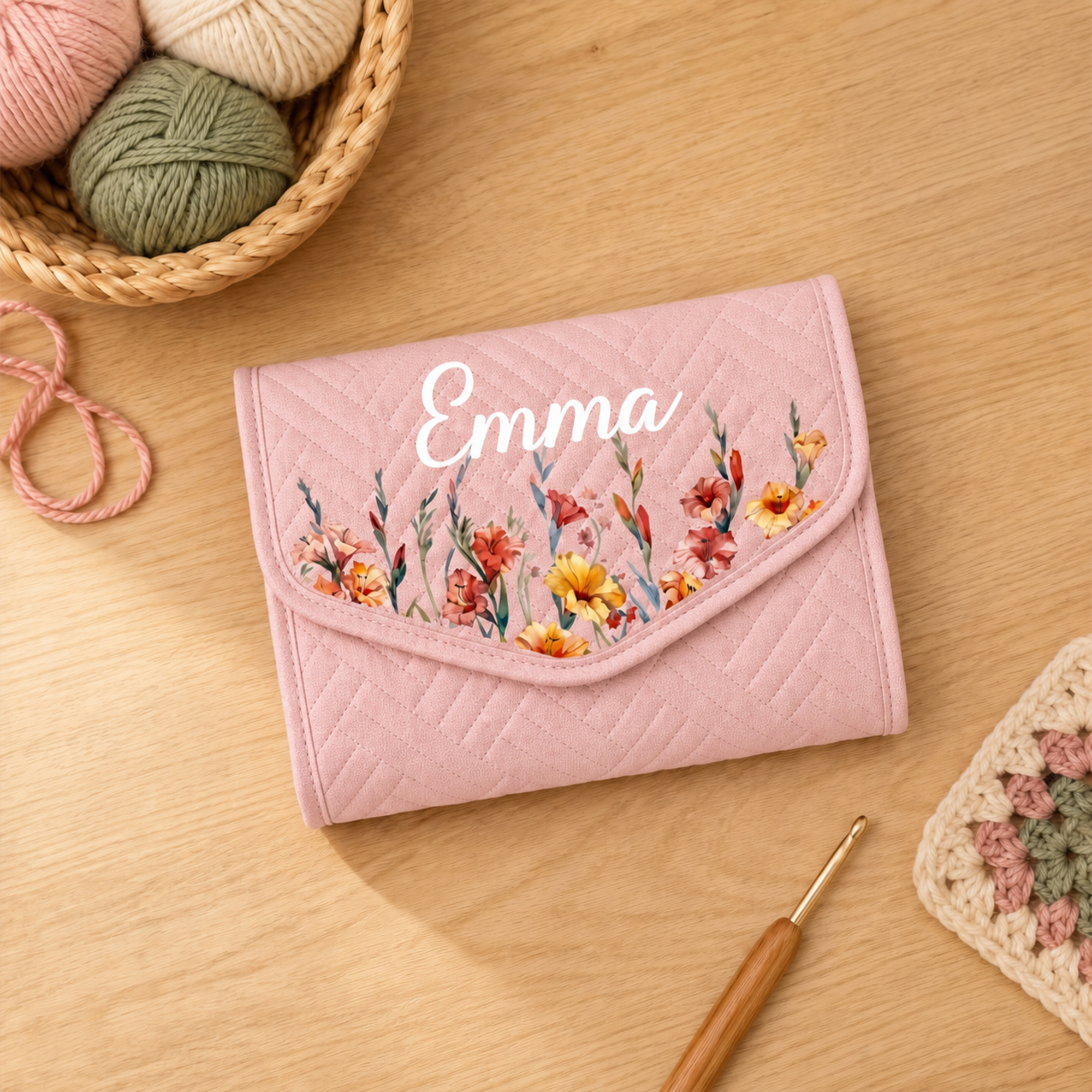 Personalized Birth Flower Crochet Hook Organizer with Name Knitting Accessories Birthday Gift for Crochet Enthusiast Mom Grandma