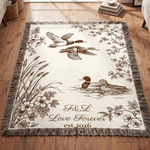 Personalized Sparrow Mandarin Duck Warm Cozy Tassel Throw Blanket with Text and Year Daily Use Home Decor Birthday Gift for Couple Husband Wife