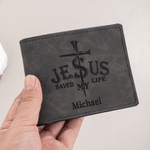 Personalized Jesus Saved My Life Cross PU Leather Men's Wallet with Name Daily Use Baptism Confirmation Gift for Husband Dad