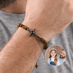Personalised Micro-Carved Photo Projection Beaded Bracelet with Cross Pendant Anniversary Birthday Gift Father Boy Man