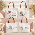Personalised Birth Flower Large Capacity Canvas Bag with Name and Text Daily Use Wedding Birthday Gift for Woman Bridesmaid