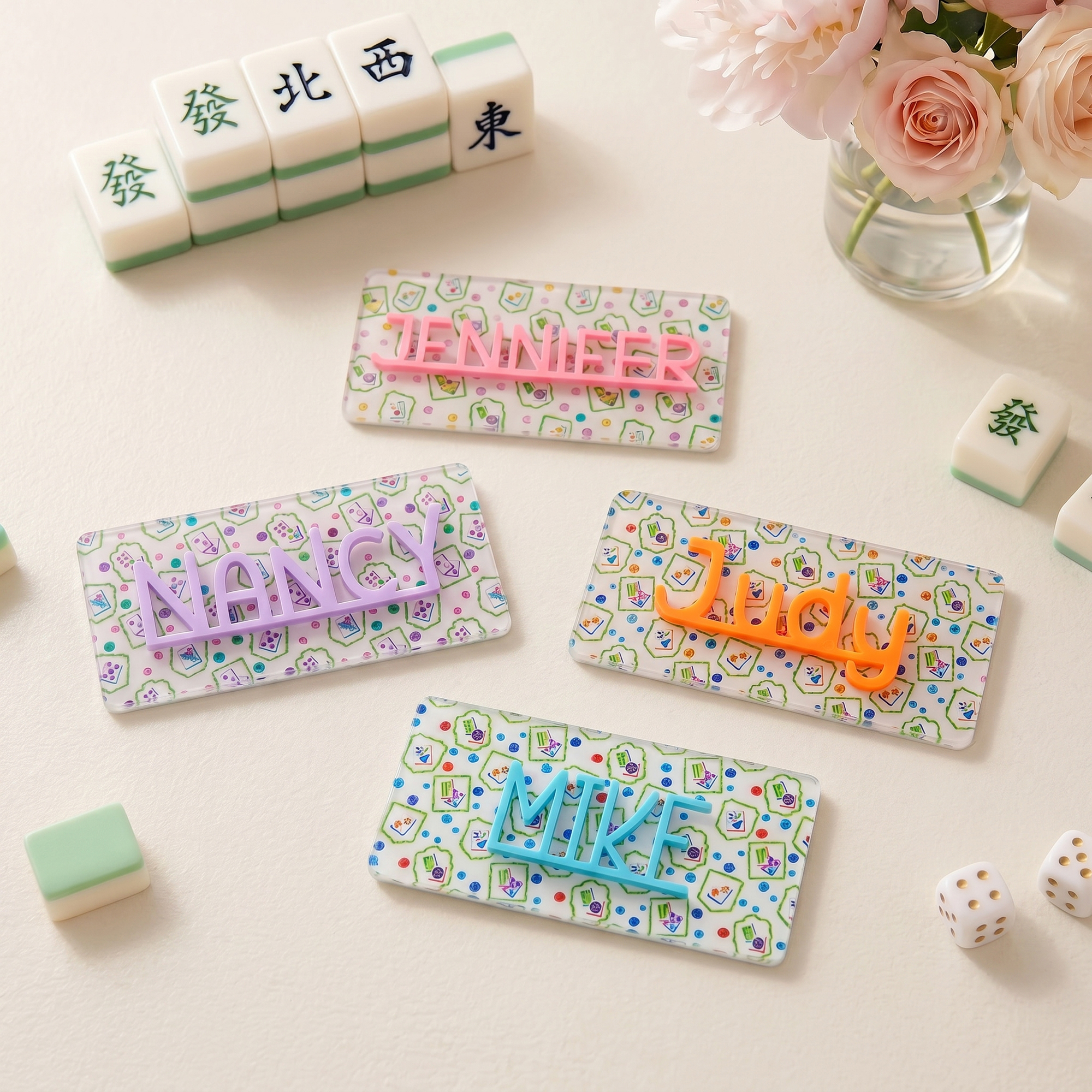 Individuell gestaltetes, farbenfrohes Namensschild aus Acryl mit Magnetbefestigung und 3D-Namensschild – Mahjong-Zubehör, Spielabend- und Geburtstagsgeschenk für Mahjong-Liebhaber und -Spieler