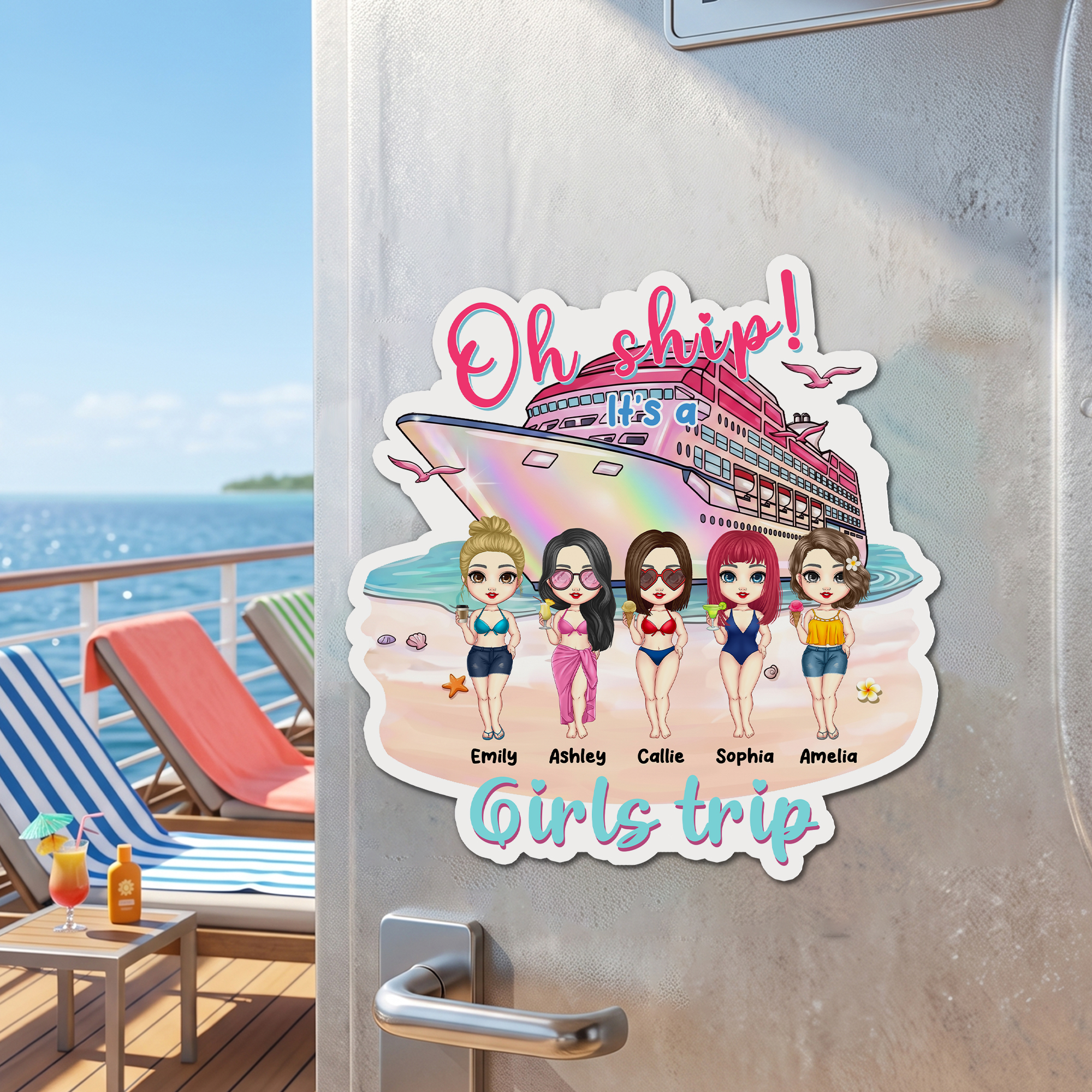 Personalisierter, niedlicher „Cute Cruise“-Kühlschrankmagnet mit 2–5 Comicfiguren und Namen – Strandparty, Sommer, Reisen, Geburtstagsgeschenk für die beste Freundin