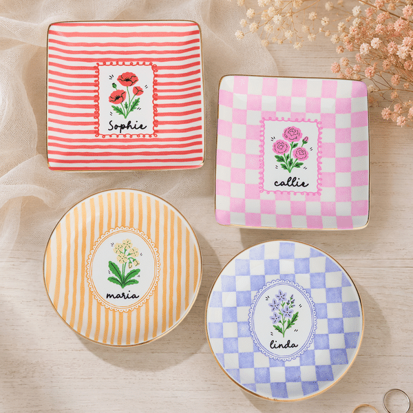 Personalised Cute Birth Flower Stripes Checkerboard Ceramic Trinket Jewellery Dish with Name Birthday Gift for Best Friend Woman