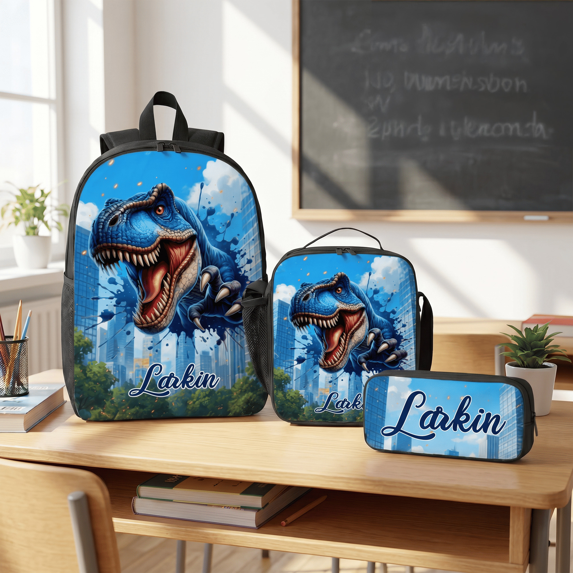 Individuell gestaltetes Set aus Rucksack, Lunch-Tasche und Federmäppchen mit Dinosaurier-Motiv und Namensaufdruck – Schulanfangs- und Geburtstagsgeschenk für Jungen, die Dinosaurier lieben