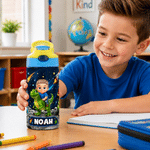 Personalised Dinosaur Cartoon Character 12 oz Kid Water Bottle with Name and Handle Birthday Daily Use Back to School Gift for Boys Girls