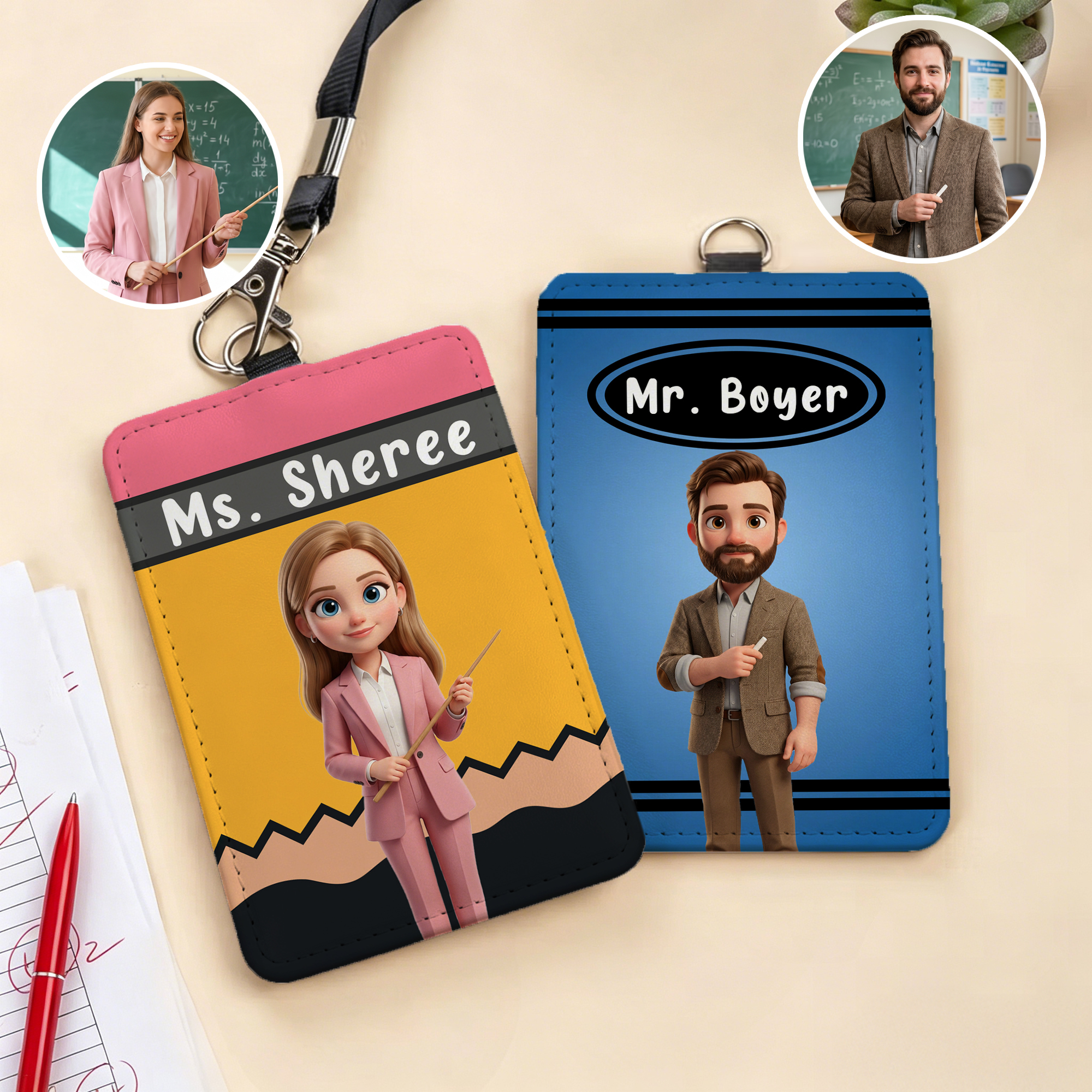 Personalisierter Ausweishalter in Form eines Buntstifts mit Cartoon-Motiv und Text – Geschenk zum Schulanfang und zum Lehrertag als Dankeschön für Pädagogen